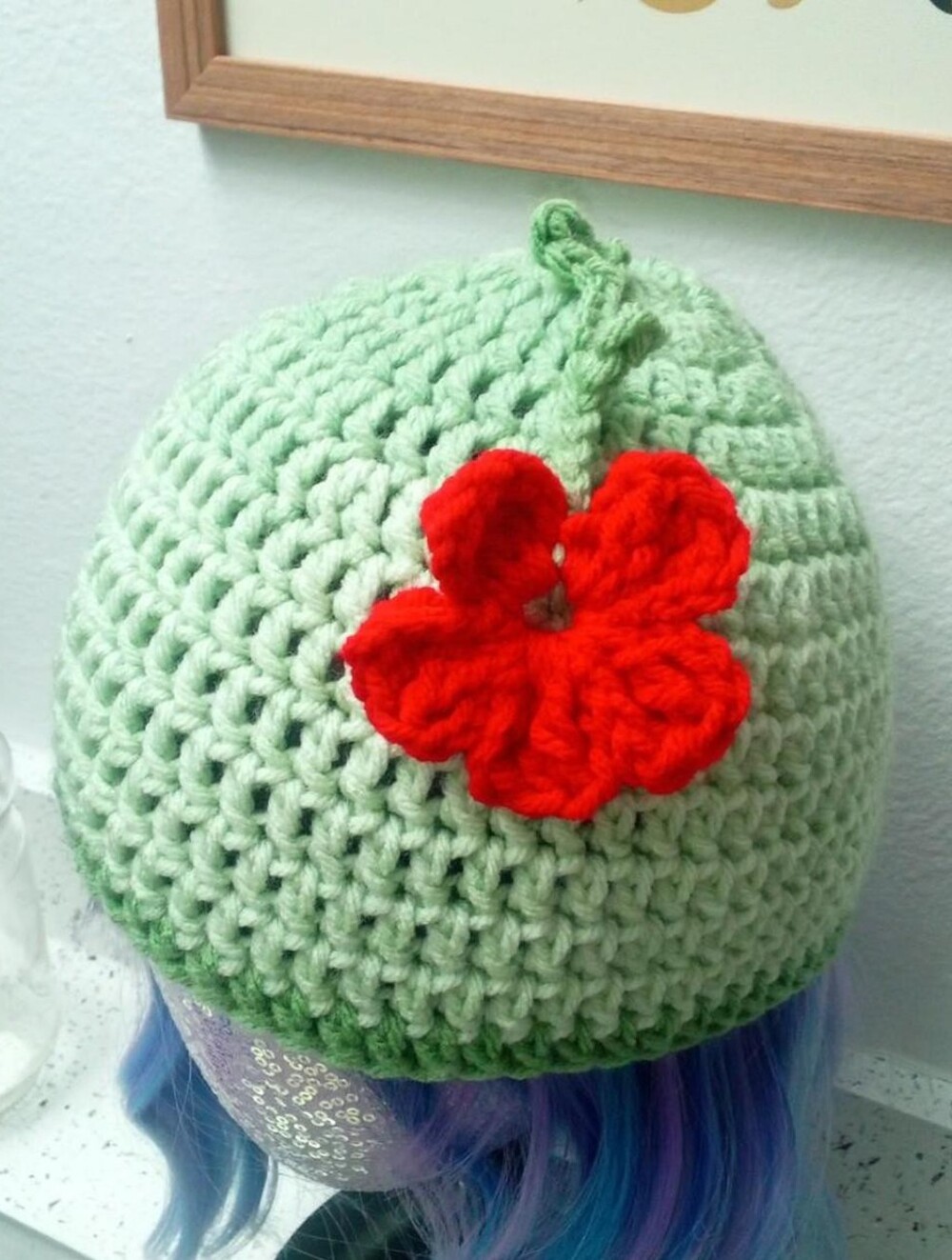 Handmade Green Crochet Beanie with Red Flower